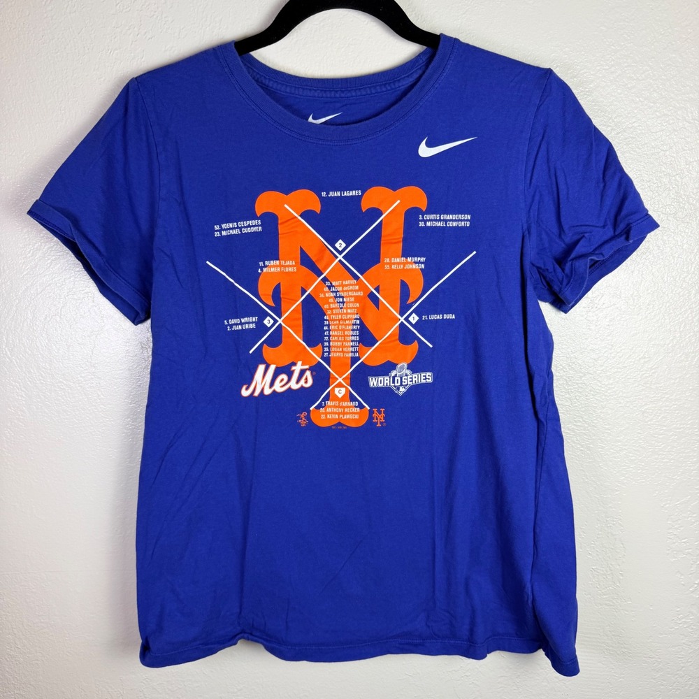 Nike Womens L New York Mets 2015 World Series Roster Graphic T-Shirt Blue